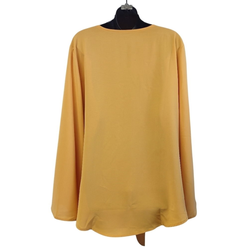 Women's Yellow V-neck Wide Sleeve Tie Hem Button Top Blouse Plus size 2XL - Picture 3 of 8